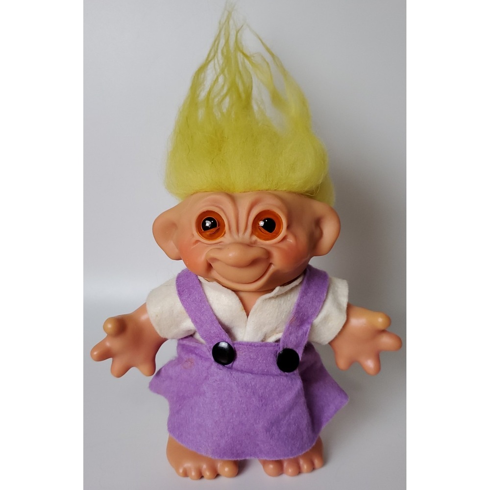 Vintage Thomas Dam Troll Doll Bank‎ Yellow Hair Orange Eyes Purple Outfit Dress